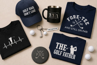 Collection of personalised golf gifts featuring golf t-shirts, engraved golf mug, golf club keyring, slate coaster and golf cap, perfect gift ideas for golfers, dads and golf lovers.