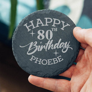 80th birthday gift – personalised slate coaster with “Happy 80th Birthday” design, unique keepsake gift for milestone celebration