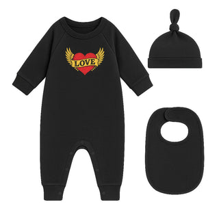 Black baby gift set with “Love” heart sleepsuit, matching hat and bib, cute newborn outfit gift set for babies
