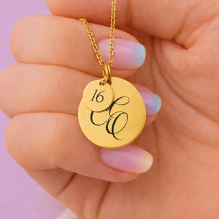 16th birthday gift – personalised gold necklace with engraved initial pendant and 18 charm, meaningful keepsake jewellery gift