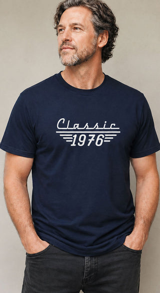Personalised classic birth year 1976 T-shirt for men in navy blue with vintage retro design