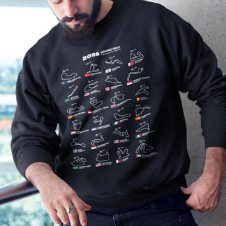 2026 F1 Grand Prix sweatshirt with Formula racing track calendar print and circuit outlines