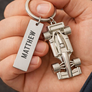 Personalised Formula 1 car keyring with engraved metal tag and polished finish