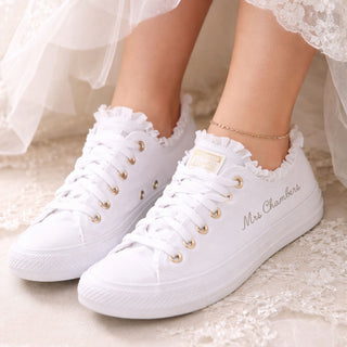Personalised Converse wedding trainers with new married surname and bridal lace trim