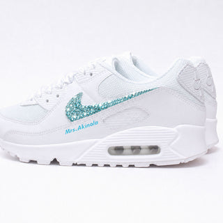White Nike Air Max sneaker with sparkling Tiffany blue crystal swoosh and personalised Mrs text with Swarovski crystals