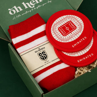 Arsenal fan gift set with red and white football socks and Emirates Stadium coasters