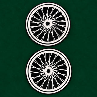 Two circular black and white bicycle wheel decal designs displayed vertically on a solid dark green background.