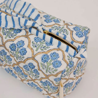 Quilted organic cotton makeup bag with blue floral block print design