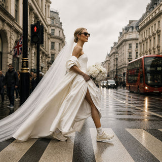 Bride wearing personalised New Balance 574 wedding trainers with custom surname during wedding day photos