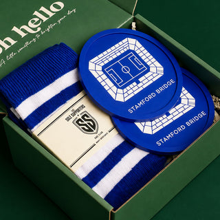 chelsea coasters and lucky stripe blue white football socks