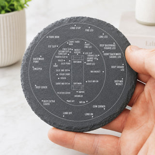 Cricket fielding positions slate coaster engraved with a detailed cricket field diagram and classic fielding positions
