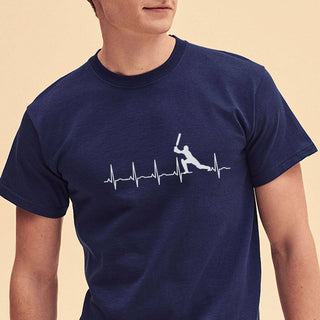 Man wearing navy cricket heartbeat t-shirt with cricketer graphic print for cricket lovers and players