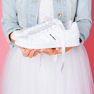 Custom Adidas Stan Smith bridal trainers personalised with married name and ribbon laces