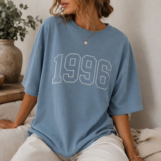 Personalised vintage birth year organic oversized t-shirt in blue with custom year 1996