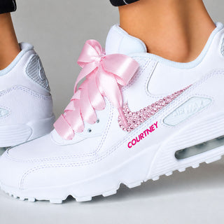Close up of Swarovski crystal Nike Air Max 90 bridal trainers with personalised name
