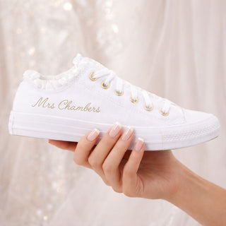 Personalised New Mrs Converse bridal trainers customised with married name in gold script