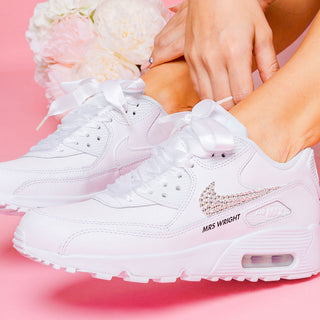 Custom Nike Air Max 90 wedding trainers with Swarovski crystals for bride personalised bridal sneakers