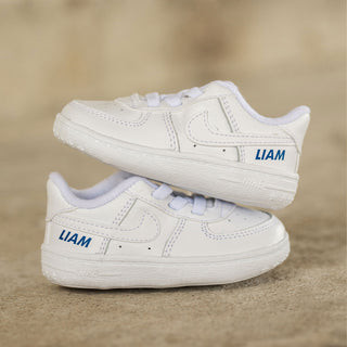 Personalised Nike Force 1 cot trainers for babies with custom printed name