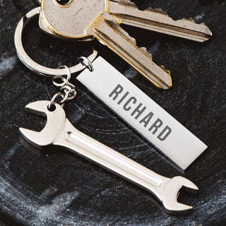 keyring with spanner charm and engraved tag with personalised name or message
