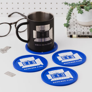 Set of Everton Goodison Park football stadium coasters in blue silicone with matching mug, flexible and washable design by Iconic Coasters