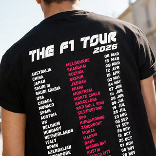 Concert-style F1 2026 calendar t-shirt with racing tour dates printed on the back