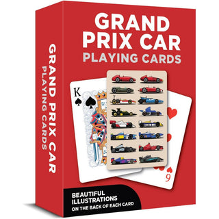 Box of Grand Prix Car Playing Cards shown at a slight angle on a white background, with the red box, white title text, and sample playing cards visible.