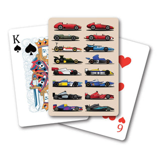 Playing cards with race car illustrations on a white background