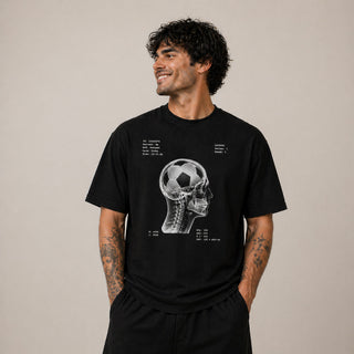 Black organic cotton t-shirt with skull x-ray football print, modern graphic tee for men