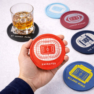 Premier League football stadium coasters set featuring Old Trafford, Anfield, Etihad and more