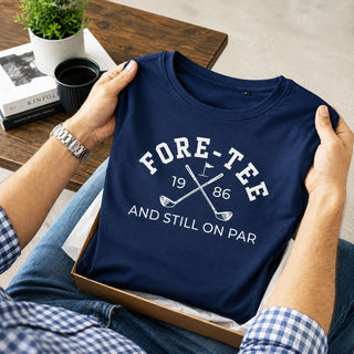 Personalised organic golf t-shirt with custom year and funny Fore-Tee slogan hand-printed by Yeah Boo