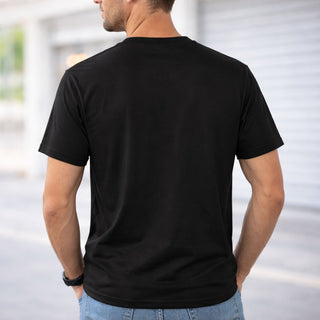 Back view of black funny car lover t-shirt with plain back worn by male model