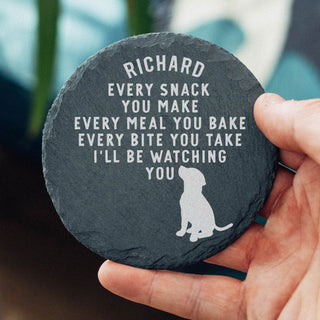 Personalised slate coaster with custom name engraving and funny dog quote design