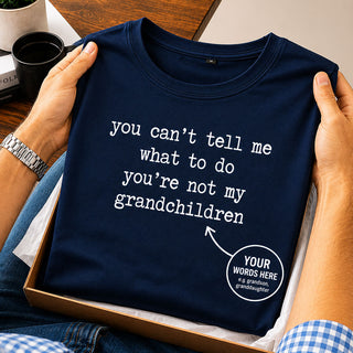 Funny personalised grandparent t-shirt with custom wording hand-printed by Yeah Boo on black organic cotton