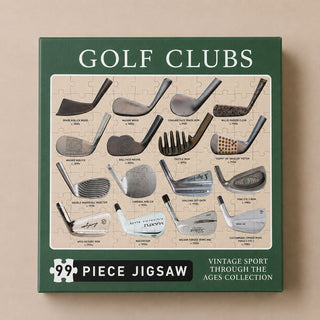 Golf clubs puzzle box with vintage illustrations on a beige background