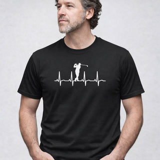 Golf lover t-shirt with heartbeat golf design worn by man, ideal golf gift for men
