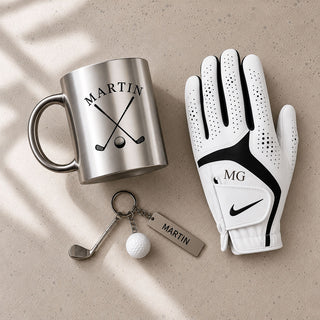 Personalised golf gift set with Nike glove, engraved silver mug and golf club keyring