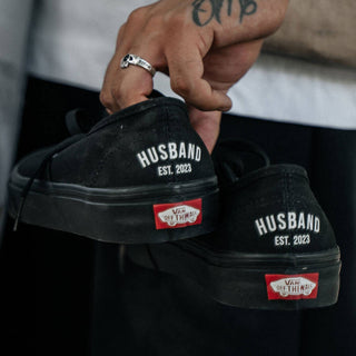Black Vans trainers personalised with Husband Est year for groom wedding shoes