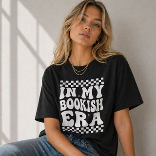 In my bookish era black t-shirt with white retro text graphic for book lovers and readers