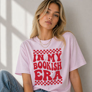 In my bookish era pink t-shirt with red retro text design cute aesthetic tee for book lovers