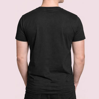 Back view of a plain black t-shirt showing no design or text