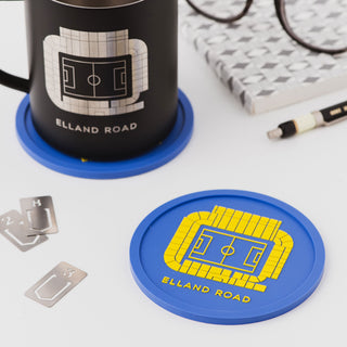 Leeds United Elland Road mug on matching stadium durable coaster, football desk gift for Leeds fans 