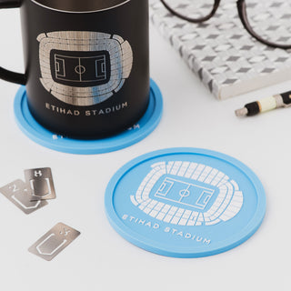 Manchester City Etihad Stadium coaster with mug on desk, football themed coaster by Iconic Coasters, gift idea for Manchester City fans