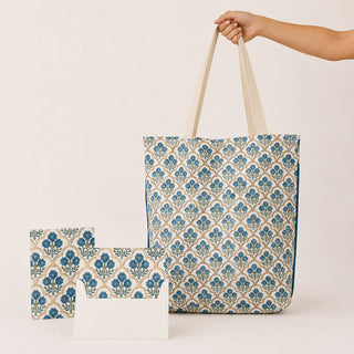Blue floral block print organic cotton tote bag displayed with matching greeting card