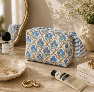 Organic cotton block print makeup bag on dressing table with beauty accessories