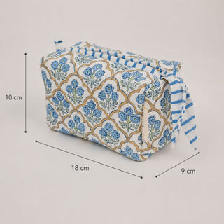 Organic cotton block print makeup bag measuring 18cm x 10cm x 9cm
