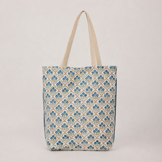 Blue floral block print organic cotton tote bag with long shoulder straps