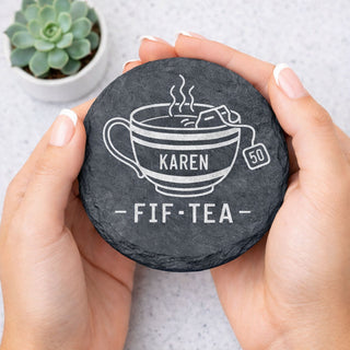 Personalised 50th birthday tea lover gift slate coaster with name and Fif-Tea design