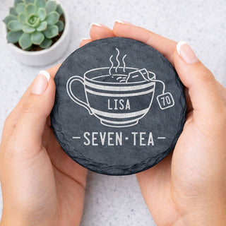 Personalised 70th birthday tea lover gift engraved slate coaster with name Seven-Tea design