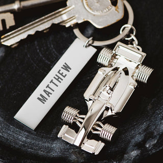 Silver metal F1 race car keyring with custom name engraving - motorsport gift