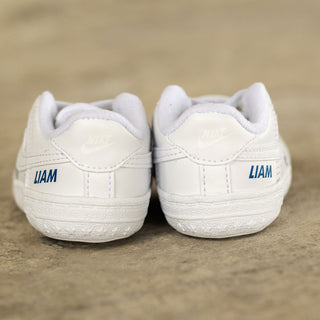 Rear view of personalised Nike baby shoes showing name customisation